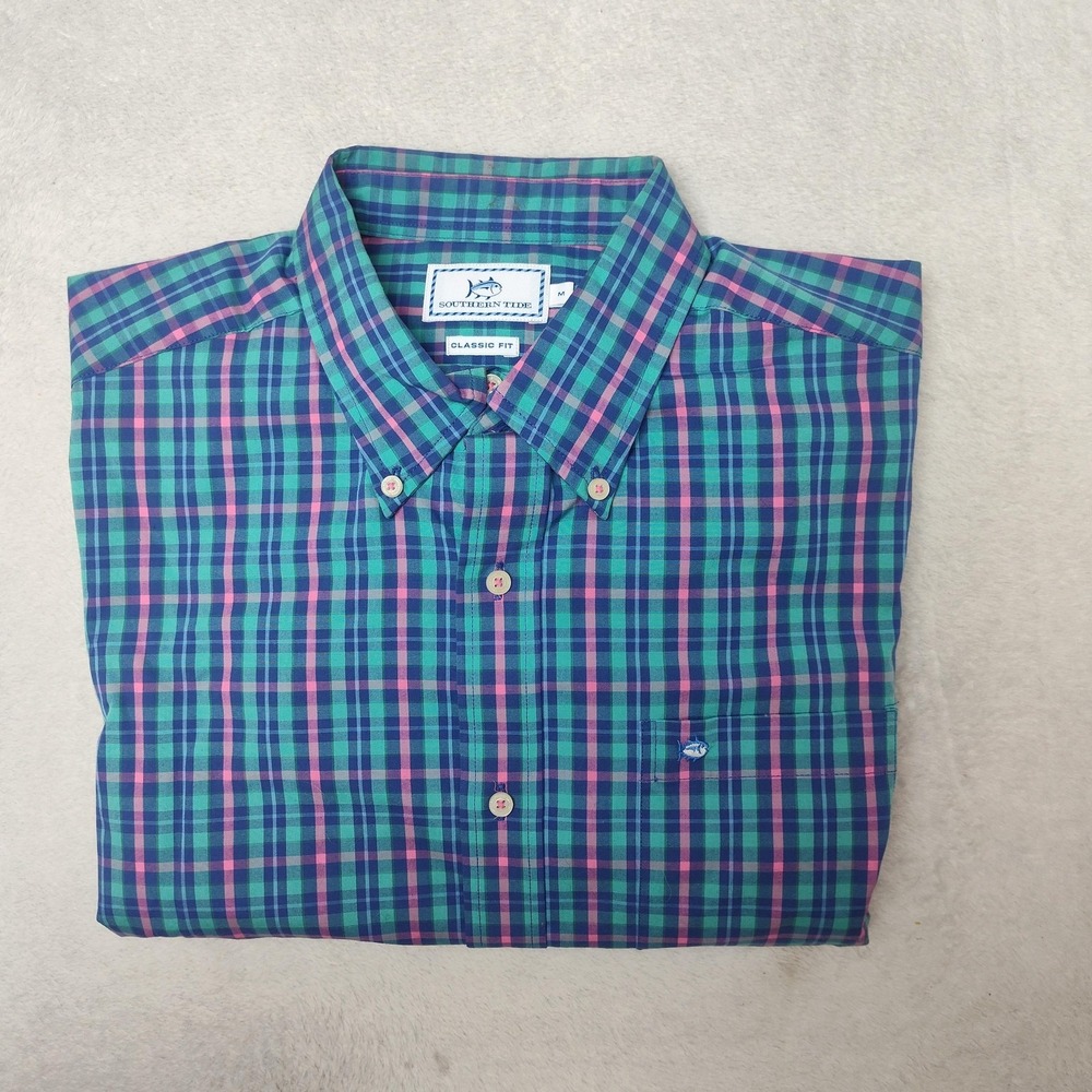 Southern Tide Shirt Mens M Green Plaid Button-Up Classic Fit Cotton Long Sleeve